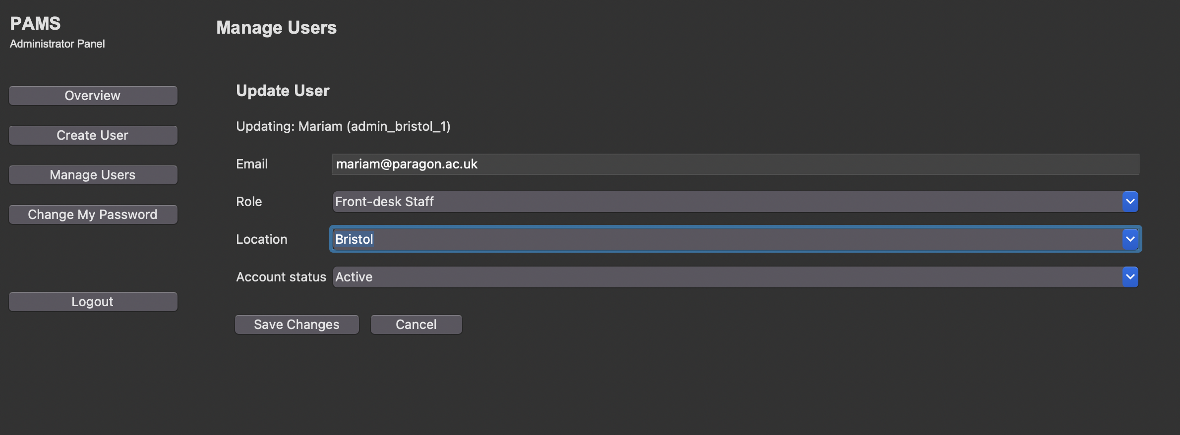 PAMS manage users screen preview